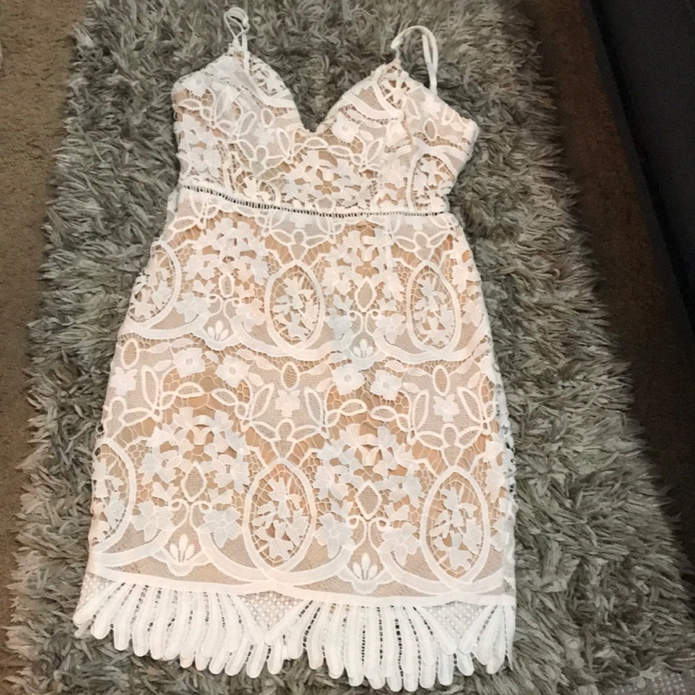 White and tan lace dress
